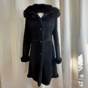 Vintage Suede Coat With Hood and Faux Fur Trim